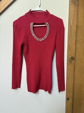 Coco Bleu New York Red Rhinestone Cutout Ribbed Knit Sweater Women's Medium